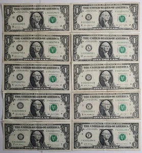LUCKY 333 Ten $1 One Dollar Bills Fancy Serial Number Angle Numbers - Bild 1 von 2