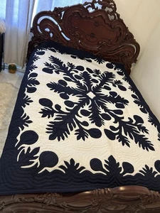 Hawaiian handmade quilts queen bedspread/wall hanging 60”:80” Navy Free Ship - Picture 1 of 8