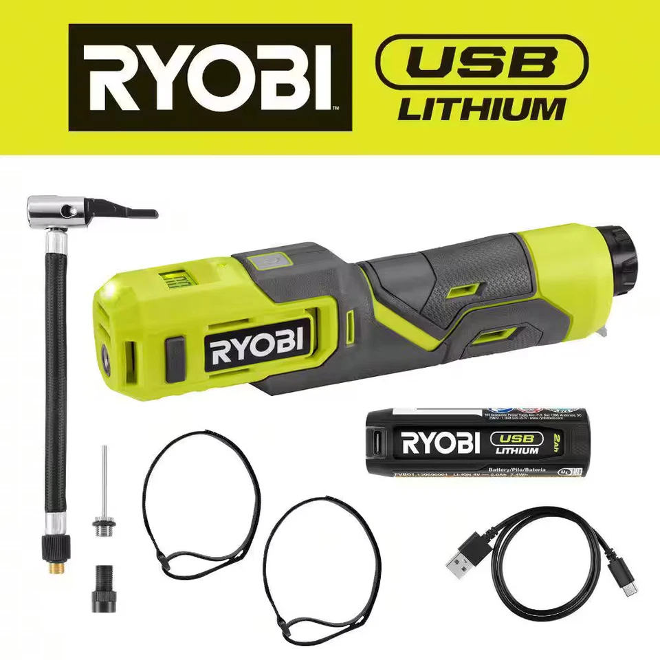 Kit inflador portátil RYOBI USB lítio sem fio alta pressão com USB de 2,0 Ah - Imagem 1 de 1
