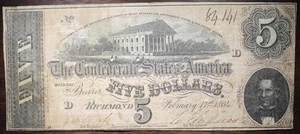 1864 $5 Confederate States Of America Circulated Stained P134 - Picture 1 of 2