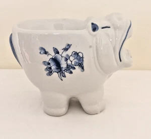 VTG Blue White China Hippo? Porcelaine Trinket Jewellery Holder Ornamet - Picture 1 of 8