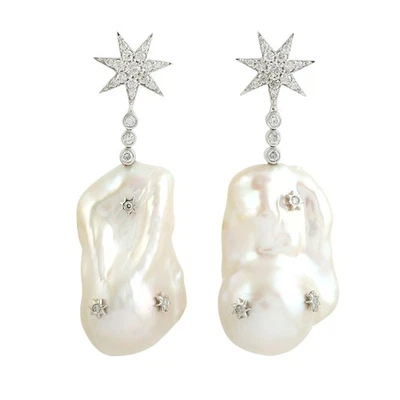 Natural Diamond Pearl Dangle/Drop Fine Earrings 18k White Gold Vintage Earring - Image 1 of 4