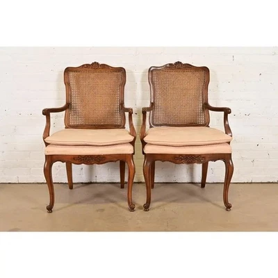 Baker Furniture Style French Provincial Louis XV Carved Walnut Armchairs, Pair - Image 1 of 4