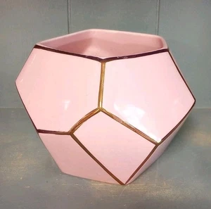 Pink Planter Gold Trim Geometric Ceramic Modern Art Vase Cache Pot Hexagon - Picture 1 of 11