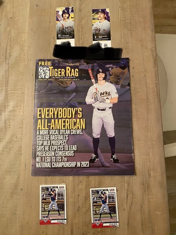 LSU Baseball-Dylan Crews Lot. Magazine. Two 2023 Ticket Stubs+2 ('19) Cards. CWS Cover