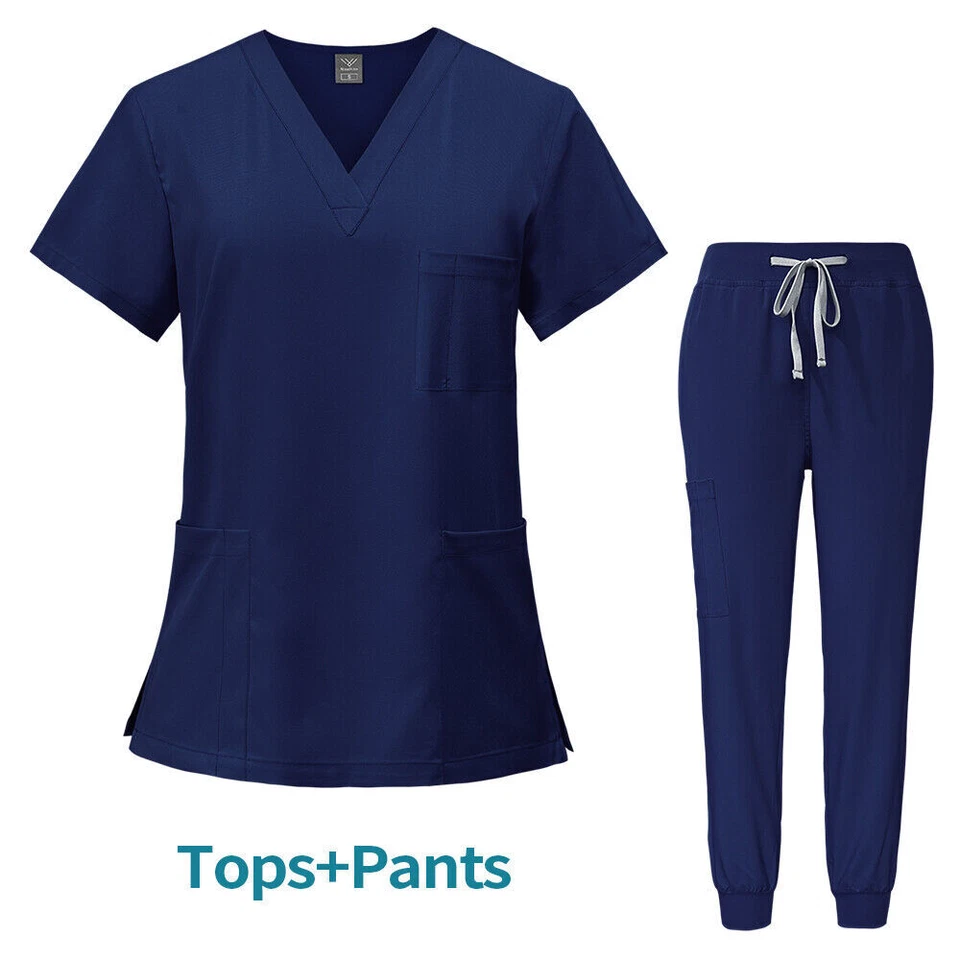 Stretch Medical Nurse Uniform Women Scrub Set V-Neck 3-Pocket-Top Jogger Pants - Image 1 of 4