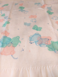 Vintage Acrylic Baby Infant Blanket Satin Trim Edge Pastel Teddy Bears