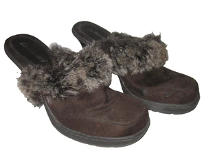 DOLLHOUSE WOMEN'S BROWN SUEDE FAUX FUR MULES SHOES SZ 7M - Picture 1 of 6