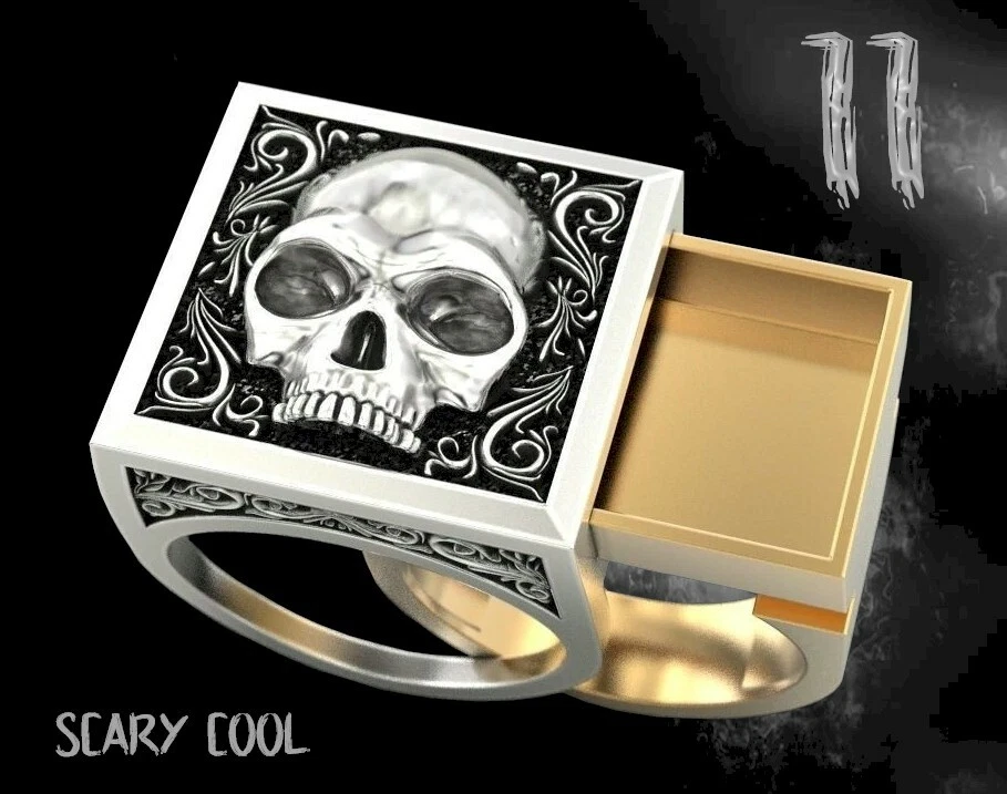 Nuevo Anillo Gótico Motociclista Calavera Grabado Secreto Compartimiento Cabeza Plata Oro Para Hombre  Foto 1 de 1