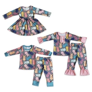 Geschwister Häschen Print Leopard Rüschen Langarm Pyjama Set 2tlg Ostern Nachtwäsche - Bild 1 von 7