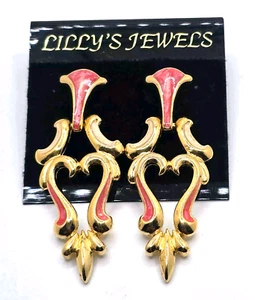 Vintage 1980s Lilly’s Jewels Gold-Tone Dangle Earrings – Red Enamel Baroque... - Picture 1 of 5