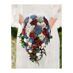 Burgundy Dusty Blue Cascade Bridal Bouquet Sola Wood Cascading Wedding Flowers - Picture 1 of 2