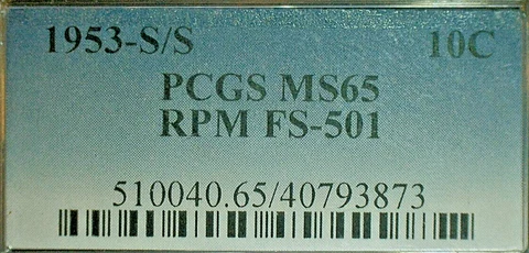 UNITED STATES 1953-S PCGS MS65 S/S RPM FS-501 10c SILVER dime KM#195 Cover