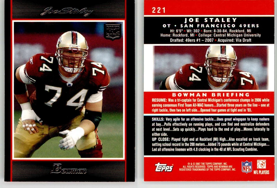 Joe Staley 2007 Bowman #221 Central Michigan 49ers RC Rookie - Изображение 1 из 1