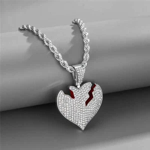 Hot Water Drop Heartbreak Hip Hop Pendant Full Zircon Broken Heart Love Necklace - Picture 1 of 9