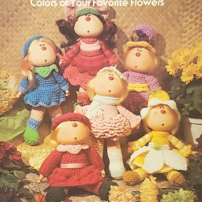 vtg 1983 Crochet pattern booklet FLOWER DOLLS rainbow daisy Shy Violet more - Image 1 of 4