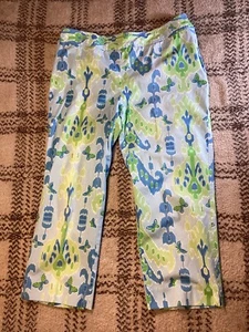 J. McLaughlin Stretch Blue Green Butterfly Capri Pants - Side Closure - Size 12 - Picture 1 of 18