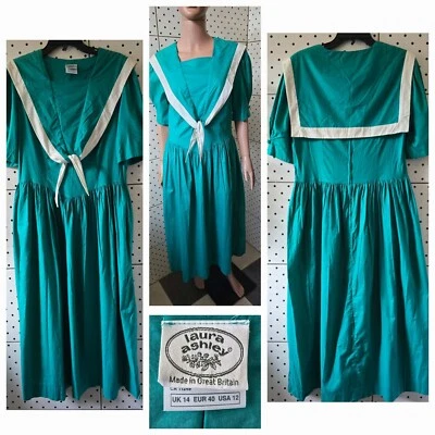 Vintage 70s-80s LAURA ASHLEY Women Cotton Dress Shirt Navy Tie Green US-12 UK-14 - Image 1 of 4