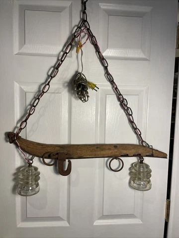 Antique Hanging Light Fixture Hemingray Lights, Old Wood, Rusted Metal Cover