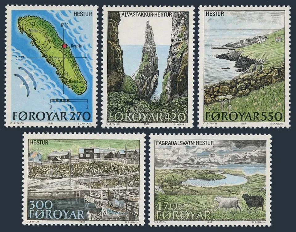 Faroe 161-165, MNH. Mi 154-158. Hestur-Horse Island, 1987. Map,Bird cliff,Sheep. - Image 1 of 1