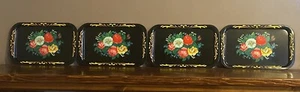 VINTAGE Black Gold Rose Floral Metal Trays SET OF 4 - Picture 1 of 9