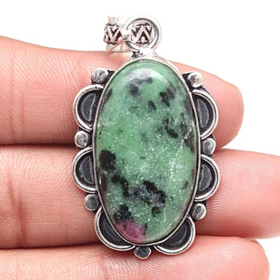 Pendant Ruby Zoisite Gemstone Handicraft Valentine'Day Gift Silver Jewelry 2" - Image 1 of 4
