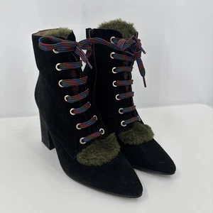 Anthropologie Suede Lace-Up Boots Black & Green Victorian Style Stacked Heel - Picture 1 of 10
