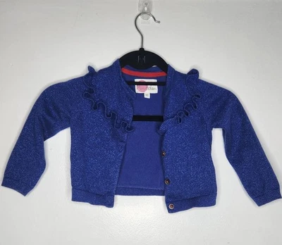 Mini Boden Cárdigan Suéter Niñas 2-3 años Azul Volantes Borde Metálico Tejido Botón Foto 1 de 4