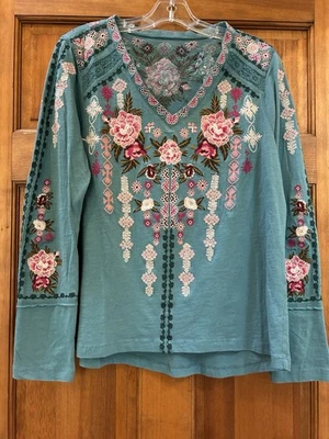 Catálogo Sundance Mujer Camiseta Top Algodón Con Bordado Grande Nueva Sin Etiquetas Verde Azulado Foto 1 de 4