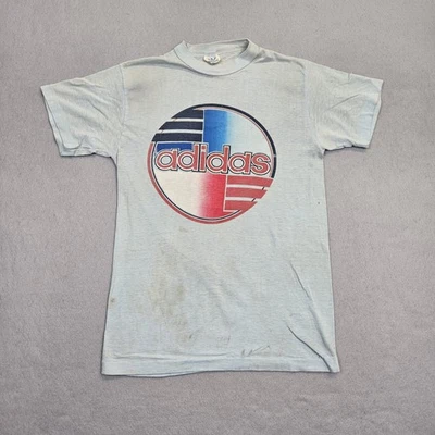 Vtg 80s Adidas TShirt Trefoil Tag Single Stitch Size Medium USA Made TRASHED - Image 1 of 4