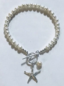 Pulsera de perlas de plata de ley palanca genuina y dije de estrellas de mar de ley - Imagen 1 de 5