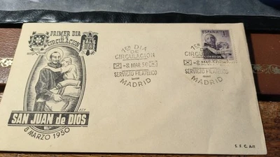 EDIFIL 1050 SAN JUAN DE DIOS. SOBRE PRIMER DIA AÑO 1950 - Imagen 1 de 2