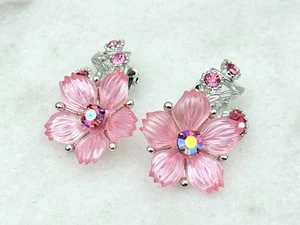 Vintage Selro Selini signierte Ohrclips rosa Plexiglas Blume AB Strass MCM - Bild 1 von 3