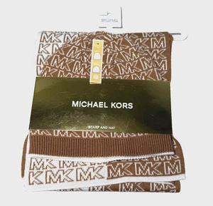 Neu Michael Kors Damen Split Logo Print Strick Schal & Mütze Set Drk Caramel/Creme - Bild 1 von 5