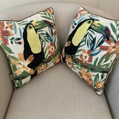 Two NWT Allen+Roth Toucan Jungle 15x15 Plump Indoor-Outdoor Pillows Jute Trim - Image 1 of 4