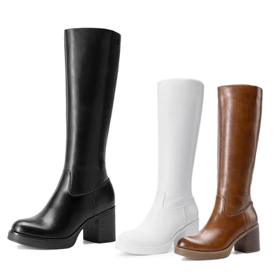 Mujeres Moda Botas Gogo Gruesas Tacón Bloque Punta Redonda Cremallera Lateral Botas hasta la Rodilla Foto 1 de 2