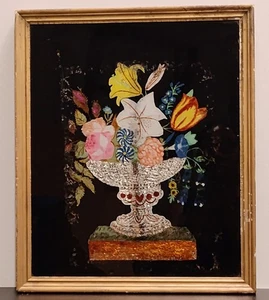 Antique 1800s Tin Foil Reverse Painted On Glass Flowers In Vase Folk Art 17X20 - Picture 1 of 14