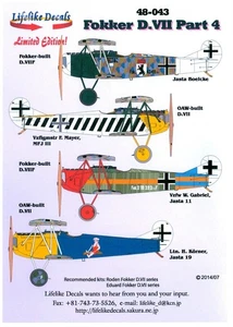 Lifelike 48-043 Fokker D.VII part 4 1/48 scale decals - Picture 1 of 1
