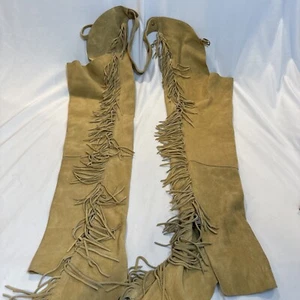 Pantaloni da cowboy western Lenzip beige in pelle pesante con frange - Foto 1 di 16
