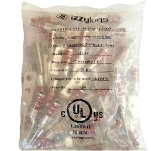 IZZY LUG I22-14 COPPER COMPRESSION LUGS, 2 STRANDED, 2 HOLE, 1/4" Hole 50per bag - Picture 1 of 7