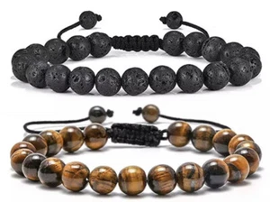 2PCS Classic Lava Rock Tiger Eye Gem Stone Beaded Healing Bracelet woman men - Picture 1 of 1