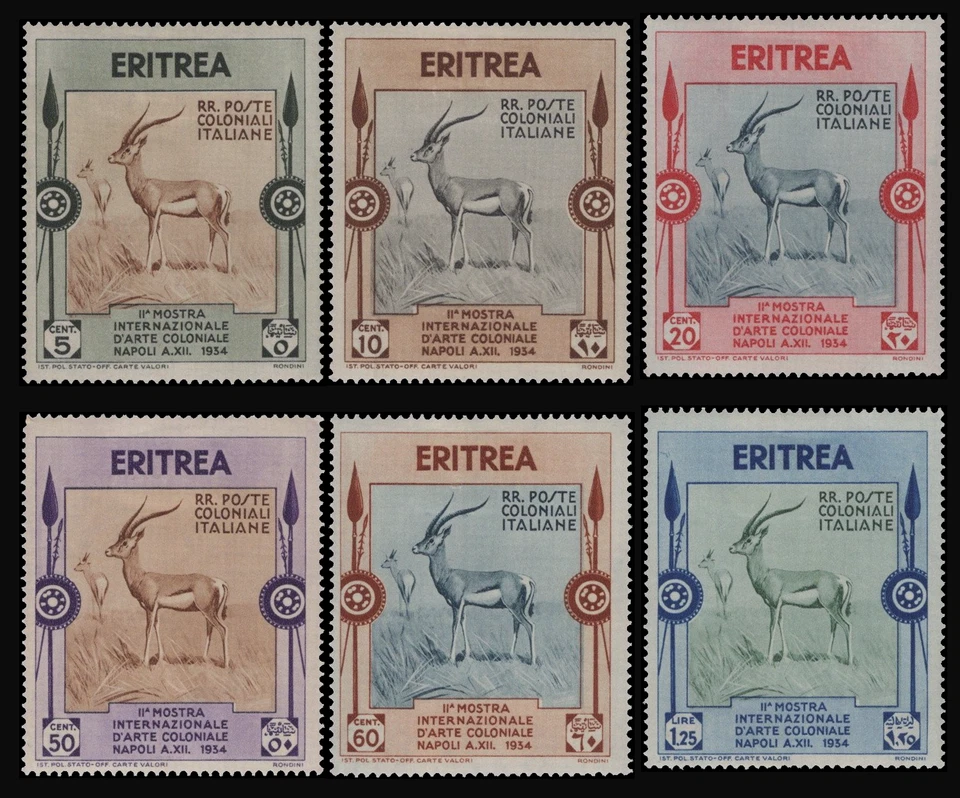 SAVOYSTAMPS-Eritrea- #175-180 Comp O/P Abruzzi Issue, Gazelle, MH CV $80,00 Foto 1 de 1