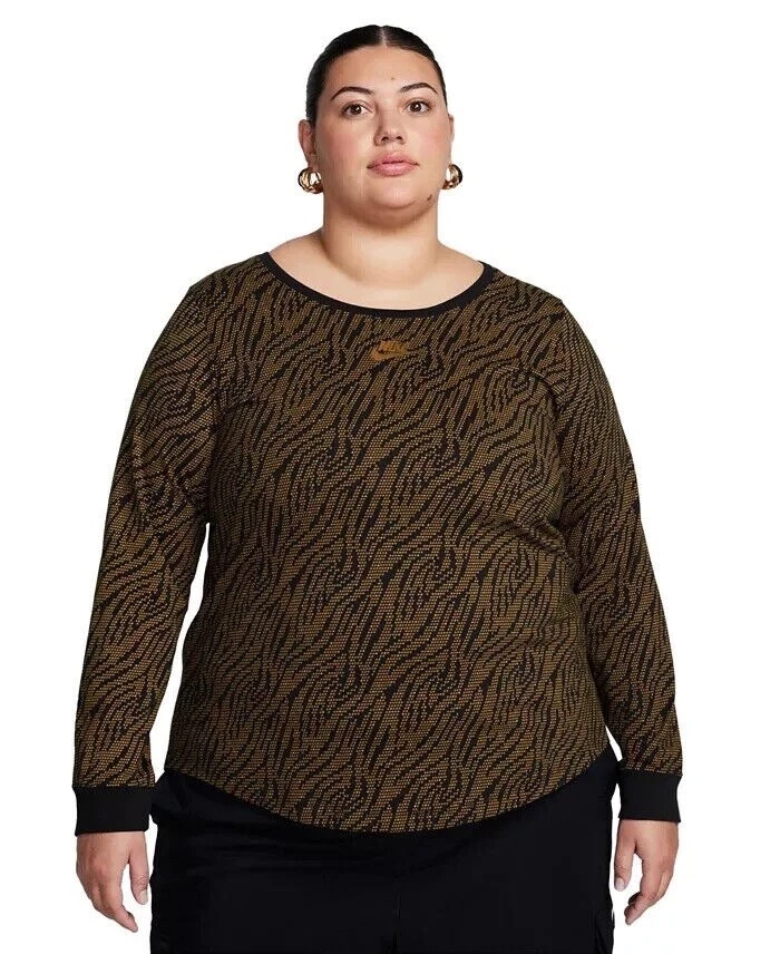 Women's Nike Plus Size FZ2463 Black Gold Long Sleeve Design Shirt Size 3X