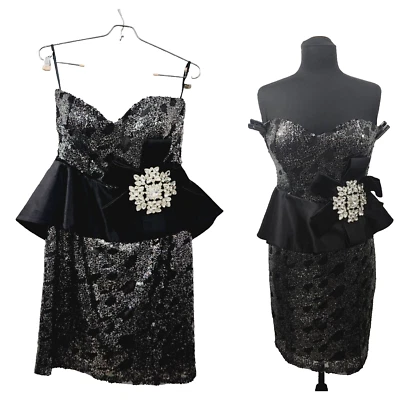 Vestido Formal Vintage Three N Couture Lentejuelas Estrás Satinado Peplum *Defecto* EE. UU. 8 Foto 1 de 4