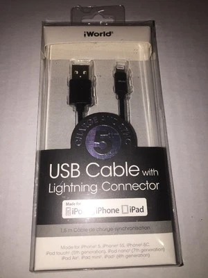 Brand New- iWorld 5ft MFI Lightning Connector For iPhone (BLACK) MFI Certified - Image 1 of 3