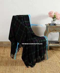 SOFT & WARM STRIPED WOOL BLANKET THROW 70"x60" LARGE BED SOFA COUCH BLUE GREEN - Picture 1 of 4