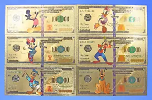 Disney 24k Gold Foil Plated 6 Mickey and Friends Banknotes Set Anime Characters! - Picture 1 of 8