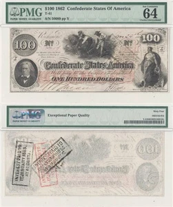 1862 $100 Confederate Note T-41 PMG Choice CU-64 EPQ - Picture 1 of 3