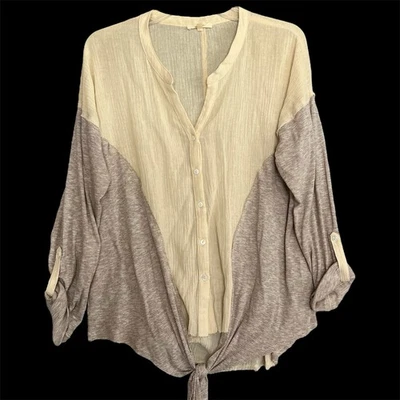 Mystree Boho Gauze Top Size L Waffle Knit Roll Tab Sleeve Neutrals Beachy Hippie - Image 1 of 4