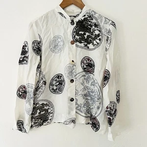 Blusa Top Citron Santa Monica Poema Blanca Estampado Dragón Asiático Botón Frontal Talla L - Imagen 1 de 3